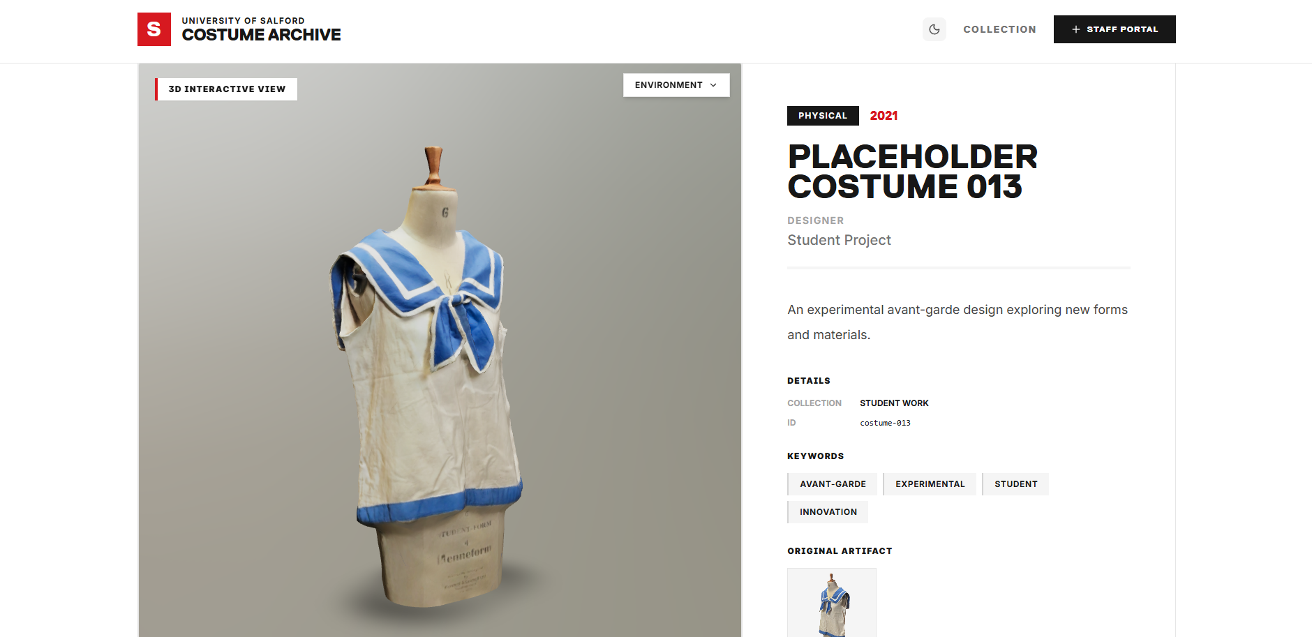 Digital archive interface showing costume collection material